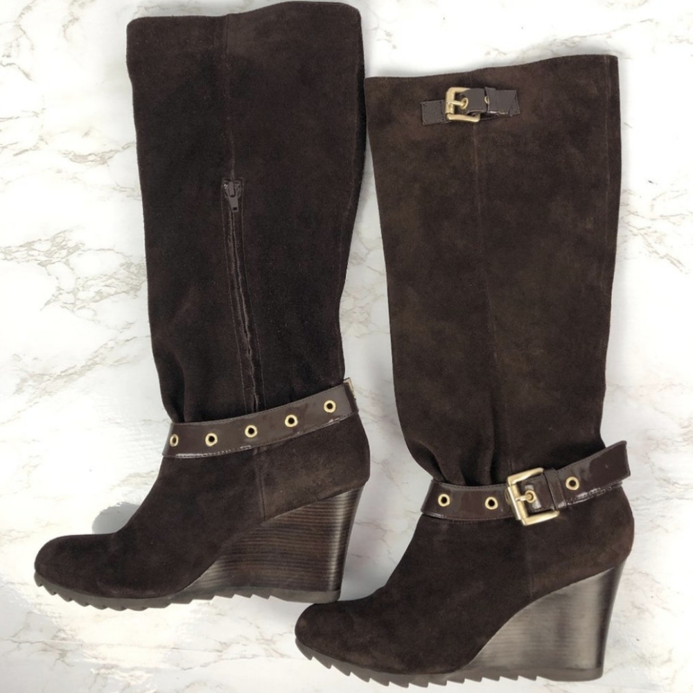 Michael Kors Chocolate Brown Suede Leather Wedge Tall Boots 6 - Picture 5 of 9